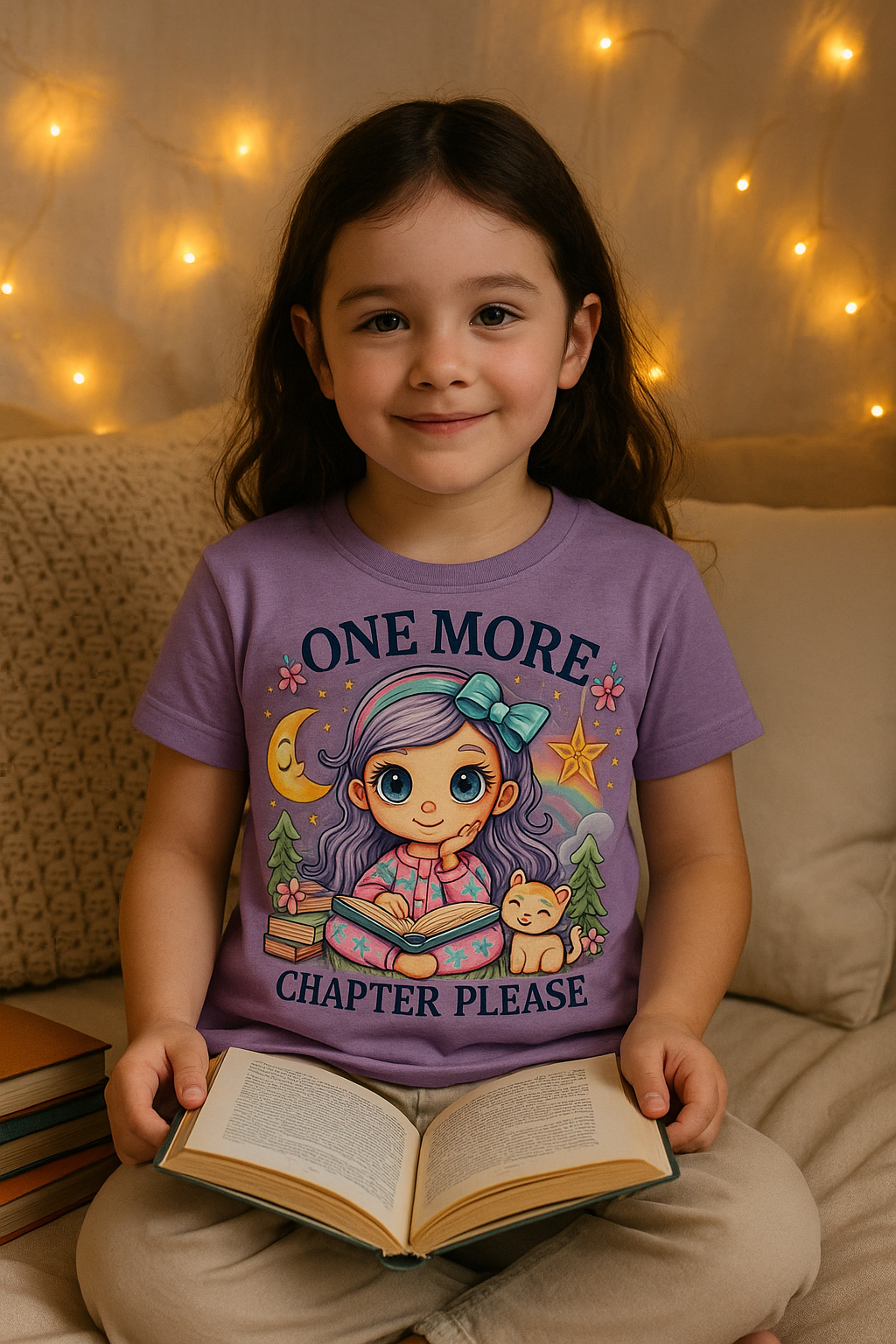 “One More Chapter Please” Kids’ Reading T-Shirt – A Dreamy Tee for Bedtime Bookworms - Image 2