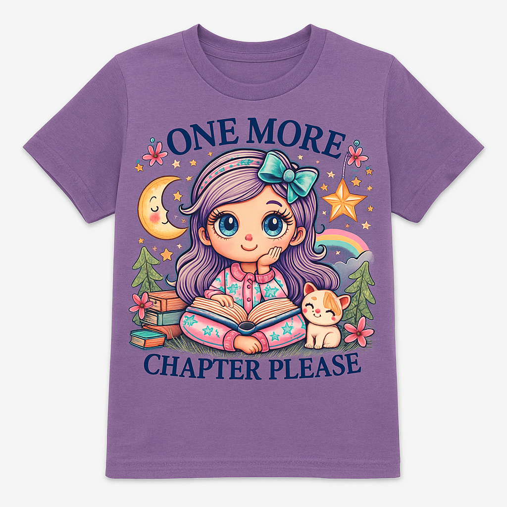 “One More Chapter Please” Kids’ Reading T-Shirt – A Dreamy Tee for Bedtime Bookworms - Image 4