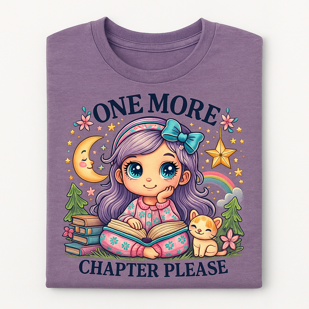 “One More Chapter Please” Kids’ Reading T-Shirt – A Dreamy Tee for Bedtime Bookworms
